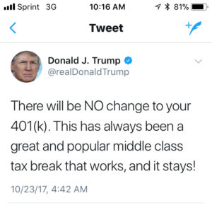 Trump Tweet 401(K) Tax Deduction Safe