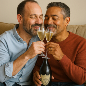 Gay couple drink to champagne to celebrate slashing their taxes.